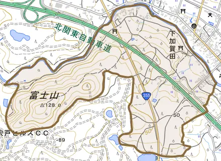 下加賀田とその周辺の地図。町の範囲を重ねている