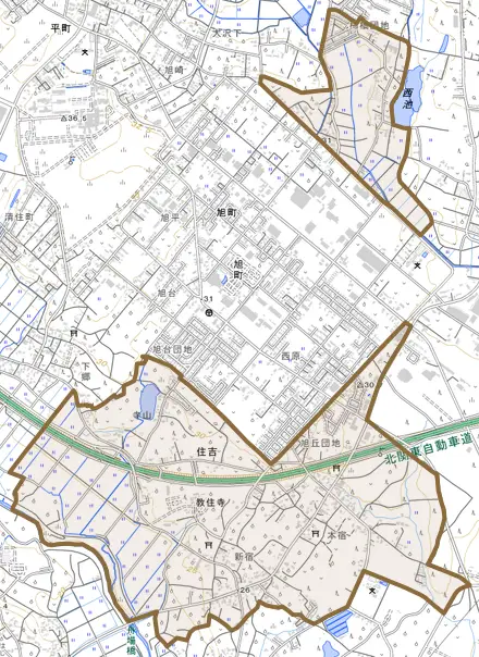 住吉とその周辺の地図。町の範囲を重ねている