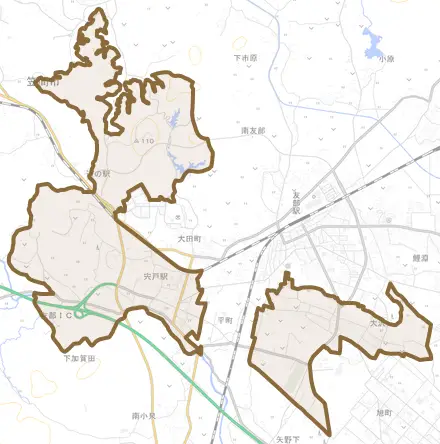 平町とその周辺の地図。町の範囲を重ねている