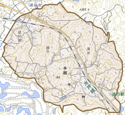 手越とその周辺の地図。町の範囲を重ねている