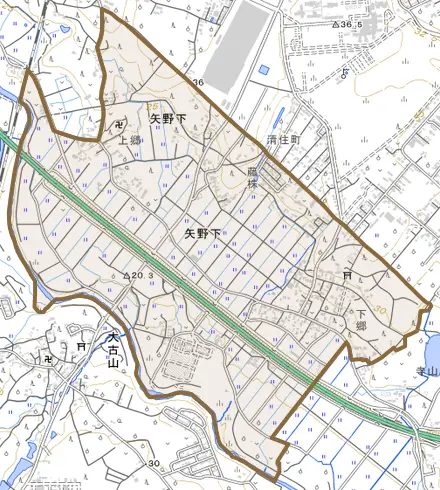 矢野下とその周辺の地図。町の範囲を重ねている