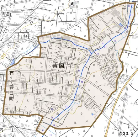 吉岡とその周辺の地図。町の範囲を重ねている