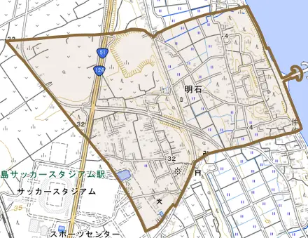 大字明石とその周辺の地図。町の範囲を重ねている