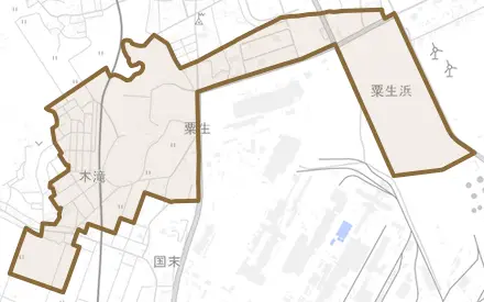 大字粟生とその周辺の地図。町の範囲を重ねている