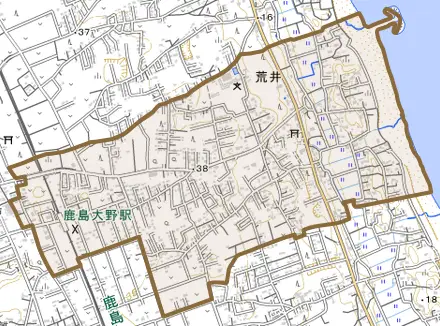 大字荒井とその周辺の地図。町の範囲を重ねている