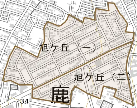 旭ケ丘とその周辺の地図。町の範囲を重ねている