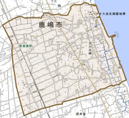 大字大小志崎とその周辺の地図。町の範囲を重ねている