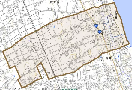大字浜津賀とその周辺の地図。町の範囲を重ねている