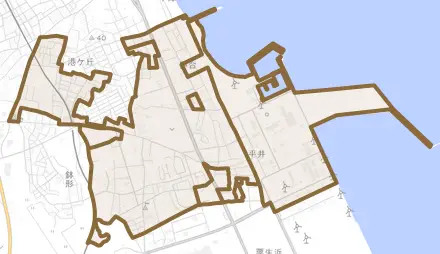 大字平井とその周辺の地図。町の範囲を重ねている