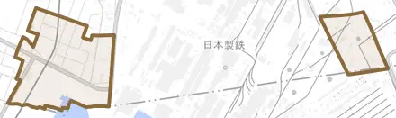 大字泉川とその周辺の地図。町の範囲を重ねている