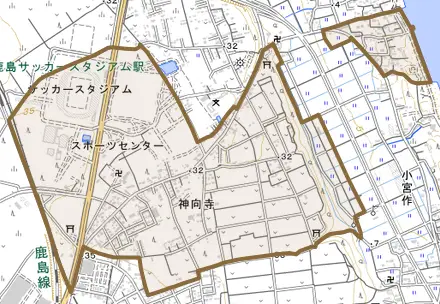 大字神向寺とその周辺の地図。町の範囲を重ねている