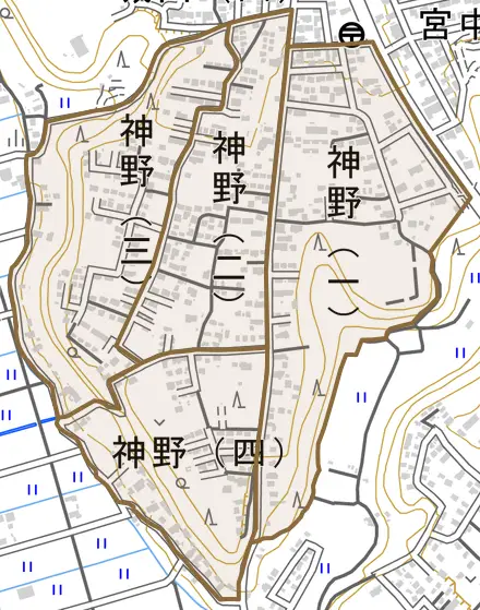 神野とその周辺の地図。町の範囲を重ねている
