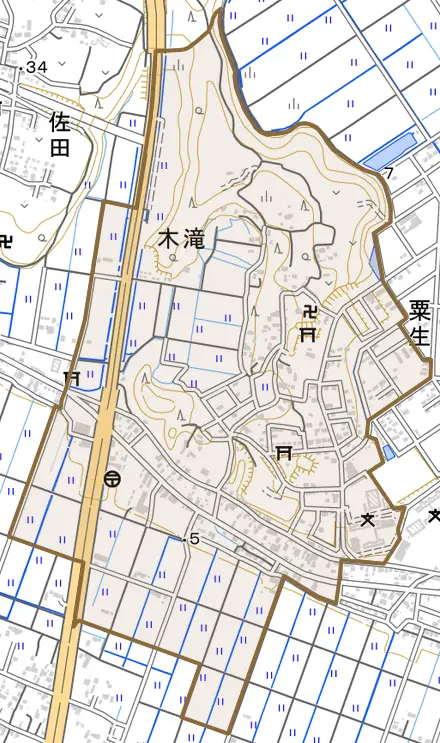大字木滝とその周辺の地図。町の範囲を重ねている