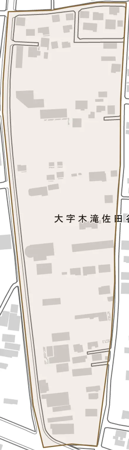 大字木滝佐田谷原入会とその周辺の地図。町の範囲を重ねている
