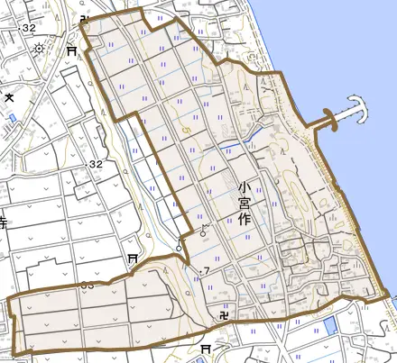 大字小宮作とその周辺の地図。町の範囲を重ねている
