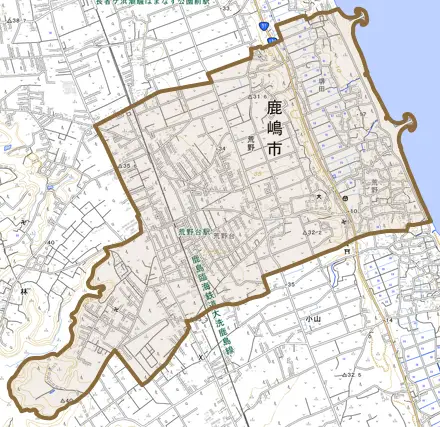大字荒野とその周辺の地図。町の範囲を重ねている