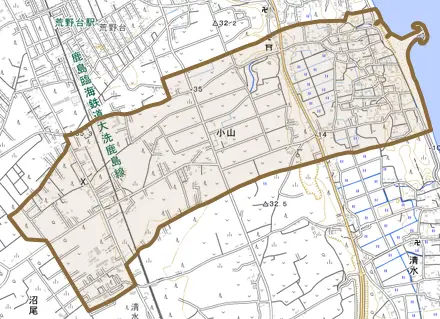 大字小山とその周辺の地図。町の範囲を重ねている