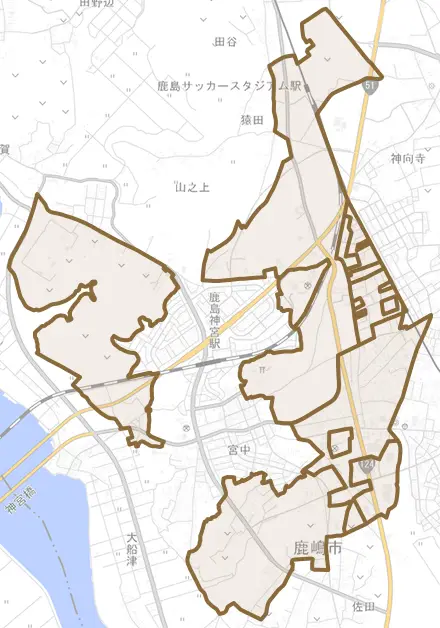 大字宮中とその周辺の地図。町の範囲を重ねている
