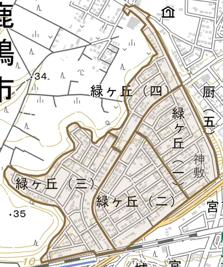 緑ヶ丘とその周辺の地図。町の範囲を重ねている