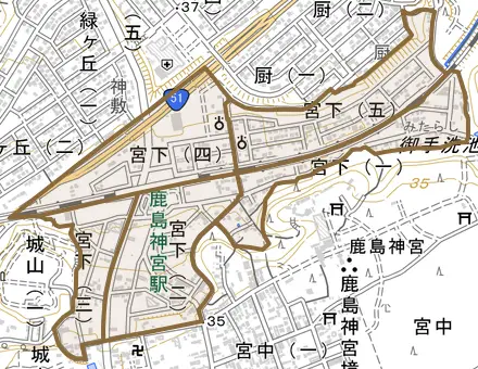 宮下とその周辺の地図。町の範囲を重ねている