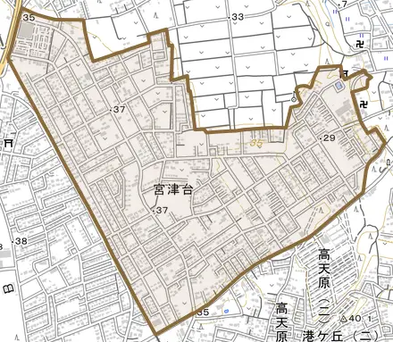 大字宮津台とその周辺の地図。町の範囲を重ねている