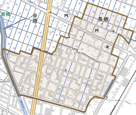 大字長栖とその周辺の地図。町の範囲を重ねている