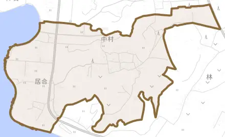大字中とその周辺の地図。町の範囲を重ねている