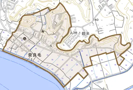 大字奈良毛とその周辺の地図。町の範囲を重ねている
