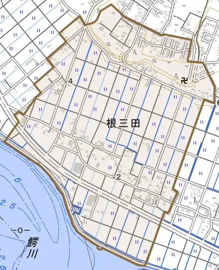 大字根三田とその周辺の地図。町の範囲を重ねている