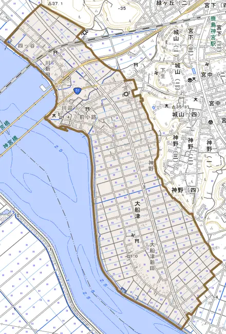 大字大船津とその周辺の地図。町の範囲を重ねている