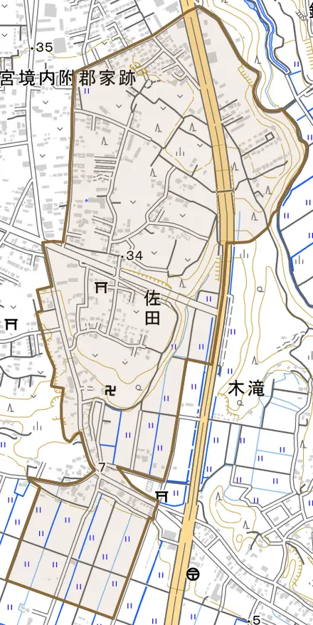 大字佐田とその周辺の地図。町の範囲を重ねている