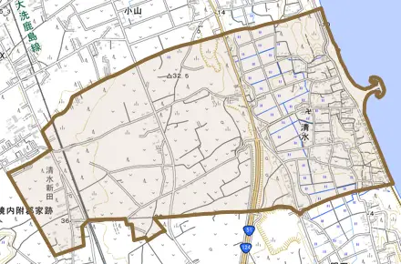 大字清水とその周辺の地図。町の範囲を重ねている