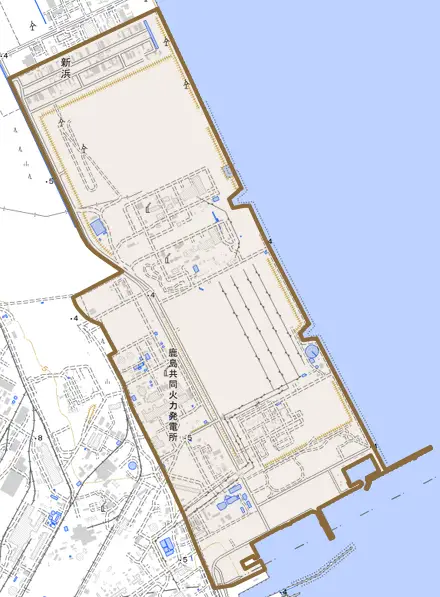 大字新浜とその周辺の地図。町の範囲を重ねている
