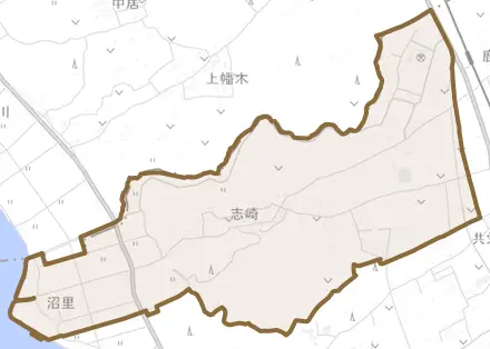 大字志崎とその周辺の地図。町の範囲を重ねている