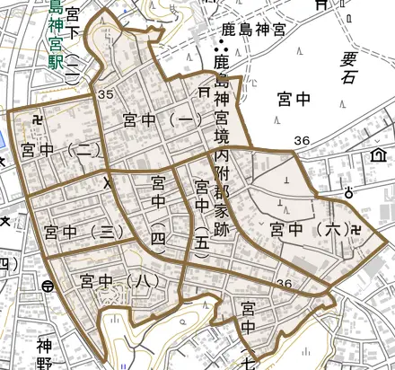 宮中とその周辺の地図。町の範囲を重ねている