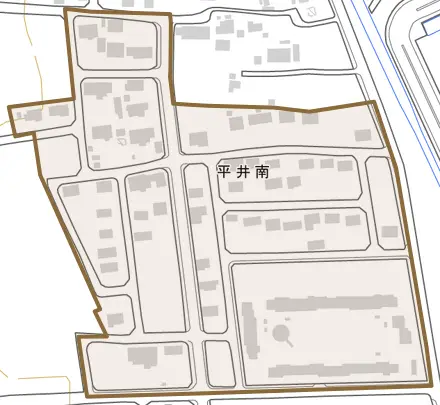 平井南とその周辺の地図。町の範囲を重ねている