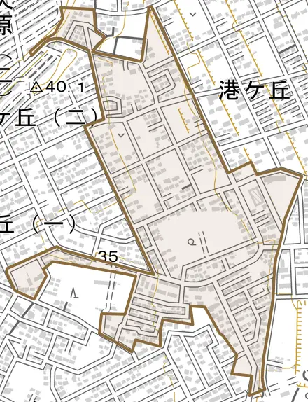大字港ケ丘とその周辺の地図。町の範囲を重ねている