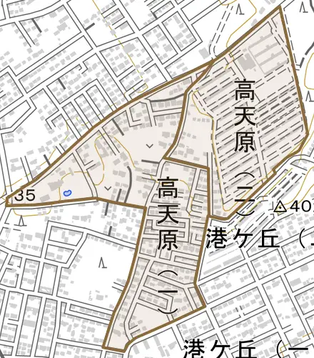 高天原とその周辺の地図。町の範囲を重ねている