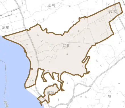 大字武井とその周辺の地図。町の範囲を重ねている