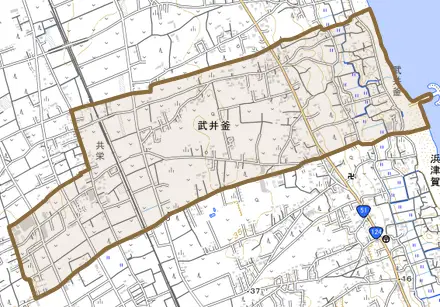 大字武井釜とその周辺の地図。町の範囲を重ねている