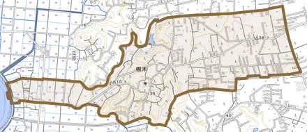 大字棚木とその周辺の地図。町の範囲を重ねている