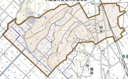 大字田谷とその周辺の地図。町の範囲を重ねている