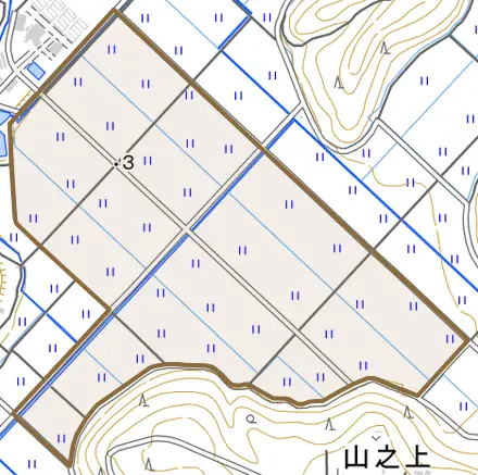 大字田谷沼とその周辺の地図。町の範囲を重ねている