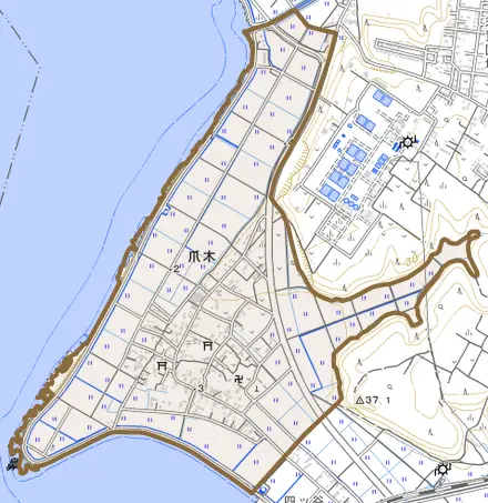 大字爪木とその周辺の地図。町の範囲を重ねている
