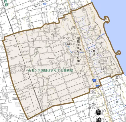 大字角折とその周辺の地図。町の範囲を重ねている