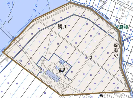 大字鰐川とその周辺の地図。町の範囲を重ねている