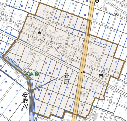 大字谷原とその周辺の地図。町の範囲を重ねている