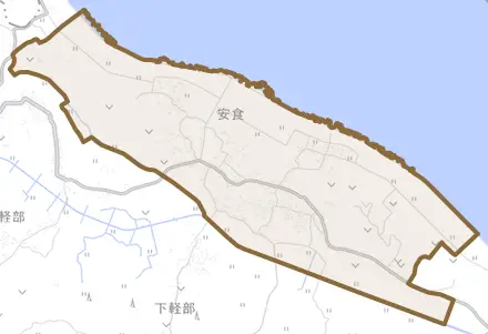 安食とその周辺の地図。町の範囲を重ねている