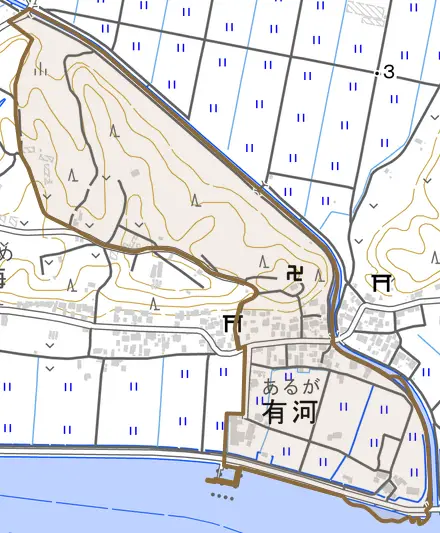 有河とその周辺の地図。町の範囲を重ねている