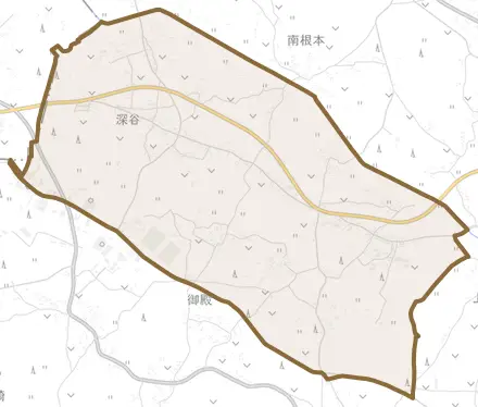 深谷とその周辺の地図。町の範囲を重ねている